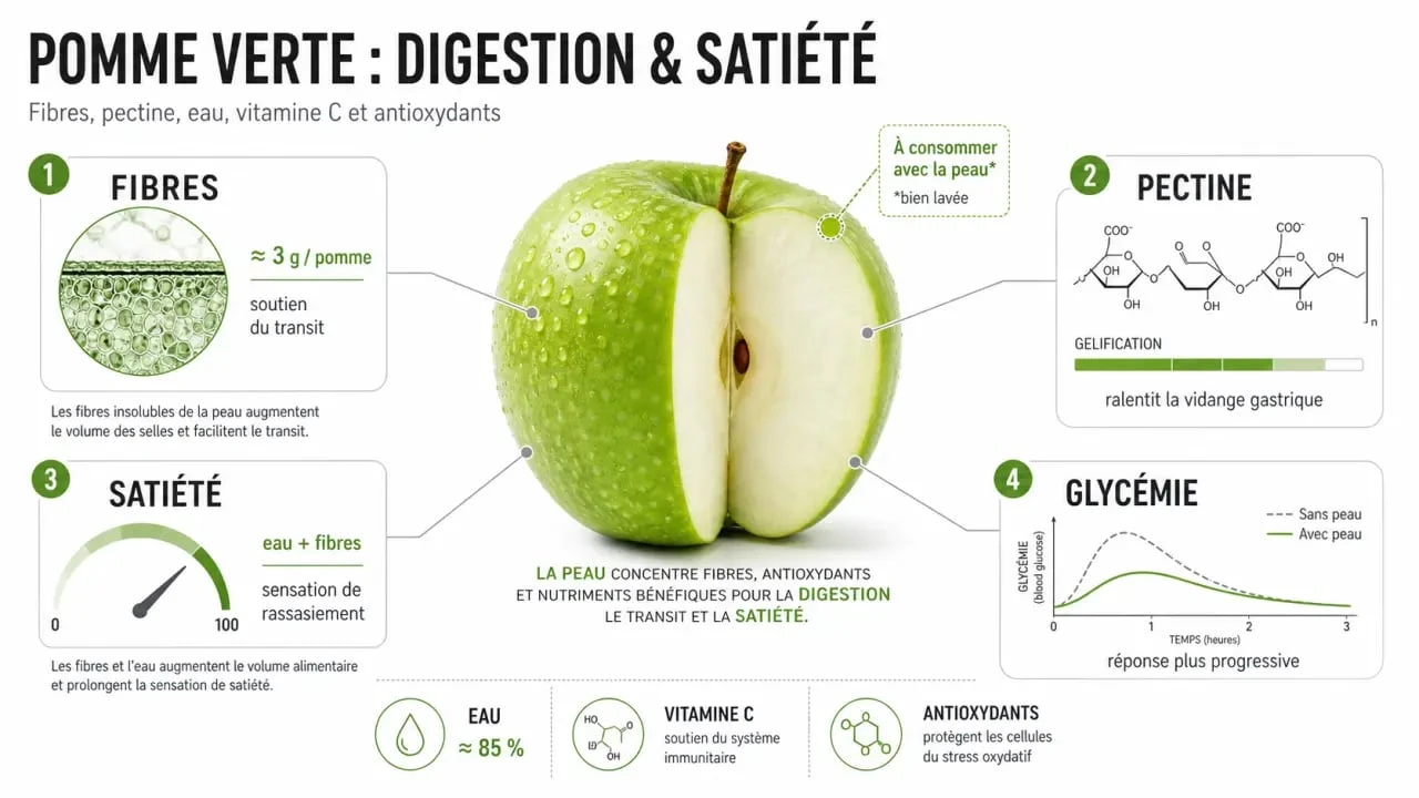 Pomme verte bienfait : illustration éditoriale sur les fibres, la pectine, la satiété, la glycémie et les antioxydants
