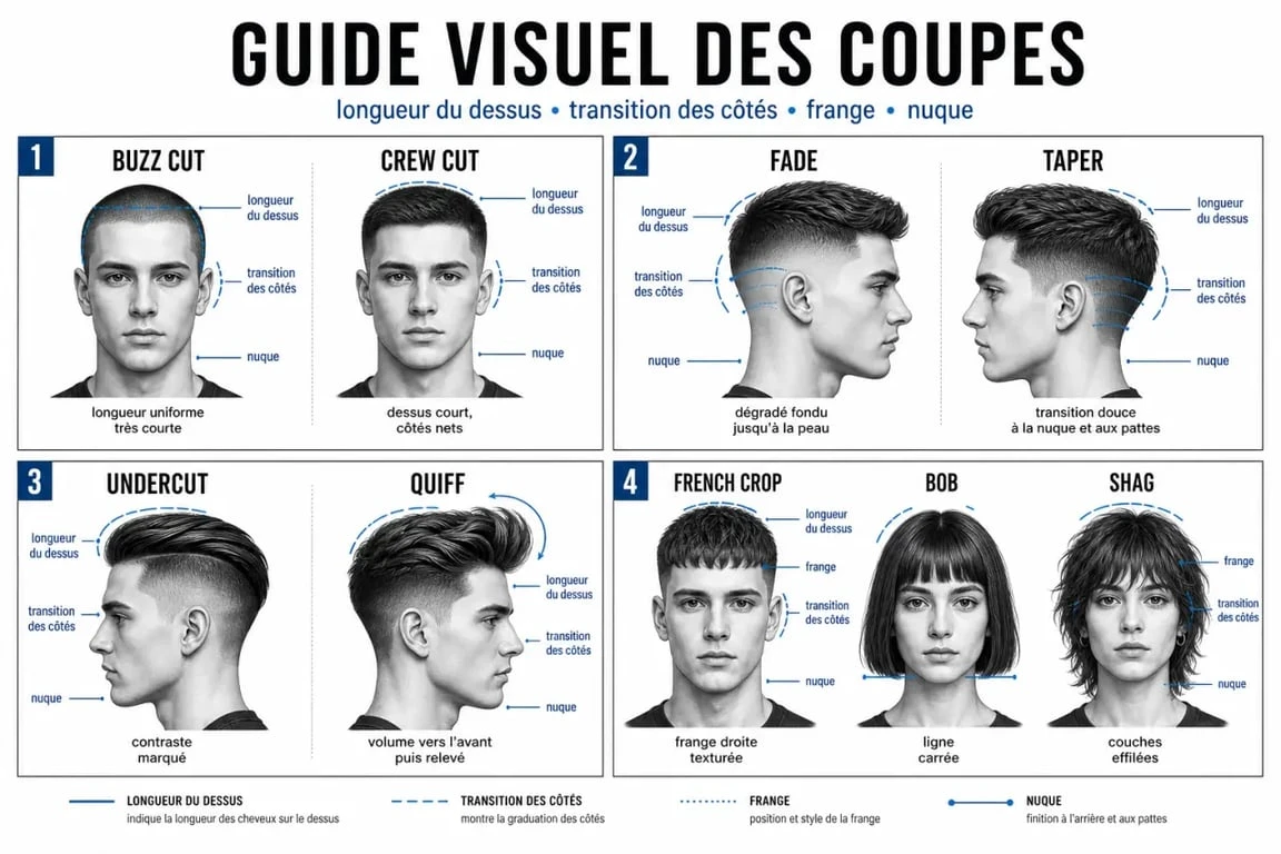 Guide visuel pour trouver le nom d’une coupe de cheveux avec exemples de buzz cut, fade, taper, undercut et french crop