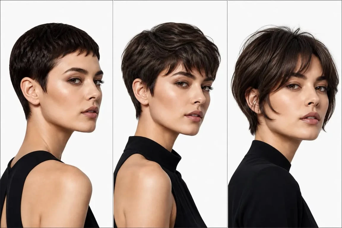 Coupe pixie 2024 en triptyque comparant pixie courte, pixie longue et bixie