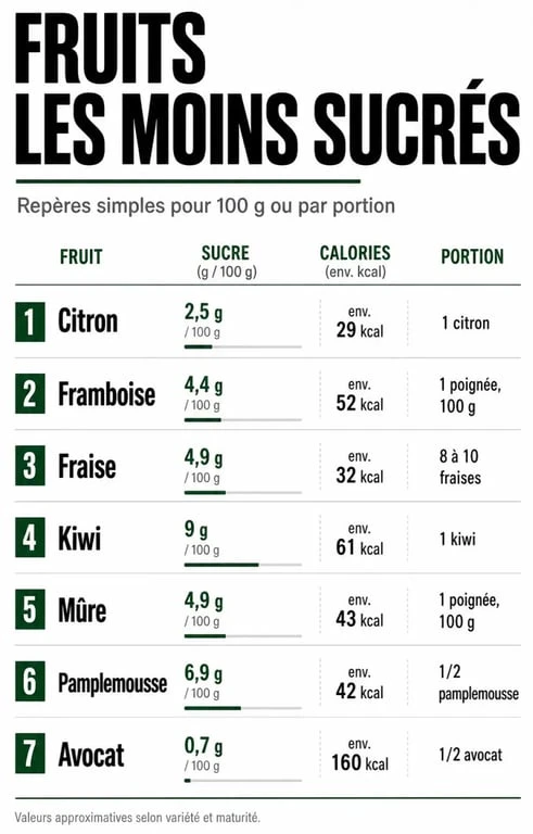 Infographie sur les fruits les moins sucrés avec comparaison du sucre, des calories et des portions