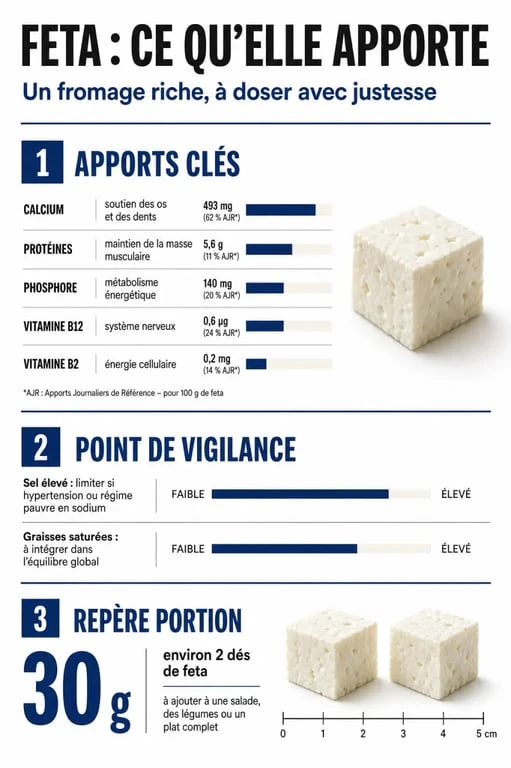 Bienfait feta : infographie nutritionnelle sur le calcium, les protéines, le sel et la portion recommandée