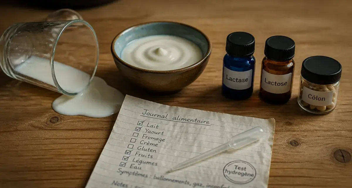 Intolérance au lactose symptome : test hydrogène, lait et côlon sur table
