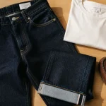 Jean à revers femme : bas retourné net wide leg 7/8 sur comptoir bois clair