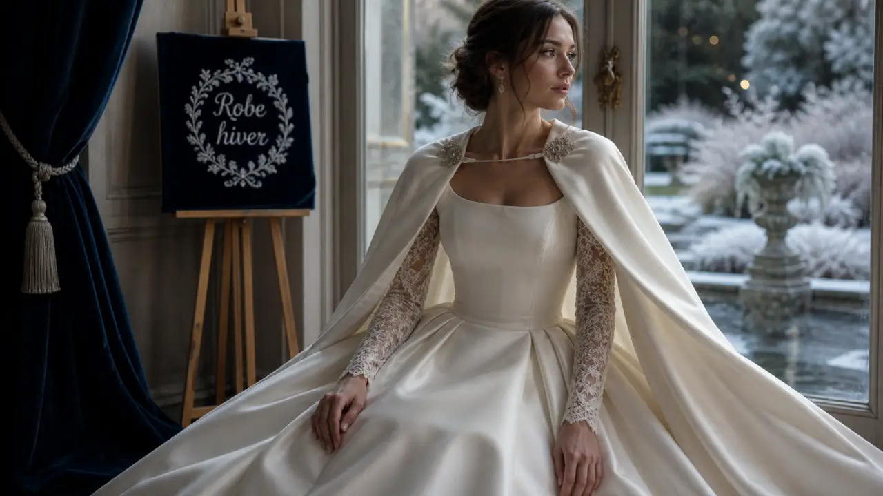 Mariage hiver robe mikado avec cape