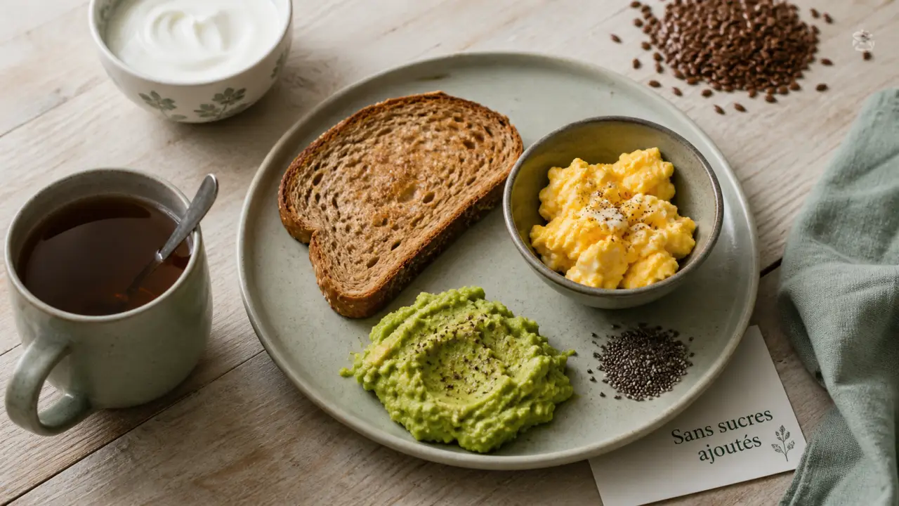 Petit déjeuner sans sucre pour diabétique : toast complet avocat, œufs, graines de chia