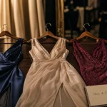 Robes de soirée chic et classe : satin bleu marine, mousseline champagne et dentelle bordeaux