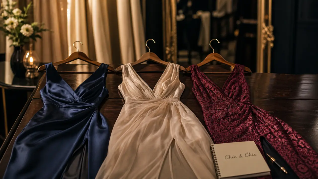 Robes de soirée chic et classe : satin bleu marine, mousseline champagne et dentelle bordeaux