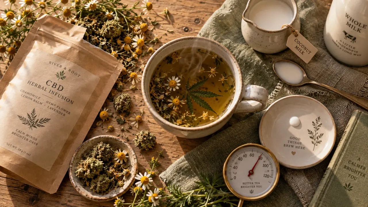 CBD tisane en infusion avec lait de coco, fleurs de chanvre et camomille