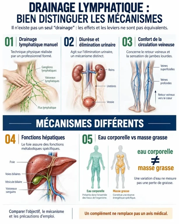 Infographie comparative sur le meilleur complément alimentaire drainage lymphatique, la diurèse et la perte d’eau