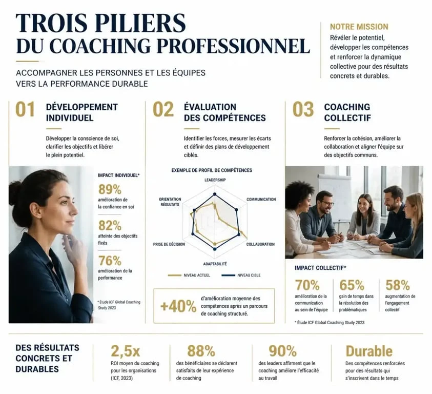 Les trois piliers d'une agence coaching : individuel, bilan de compétences et collectif