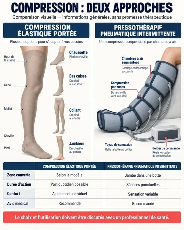 Infographie pour comprendre par quoi remplacer les bas de contention et distinguer compression élastique et pressothérapie