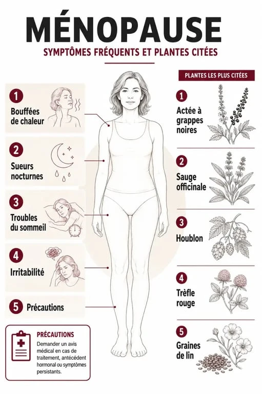 Infographie plante ménopause sur les plantes citées pour les bouffées de chaleur, les sueurs nocturnes et les précautions