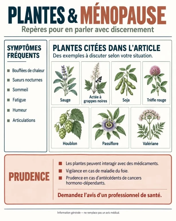 Infographie sur les plantes et la ménopause, les symptômes ciblés et les principales précautions