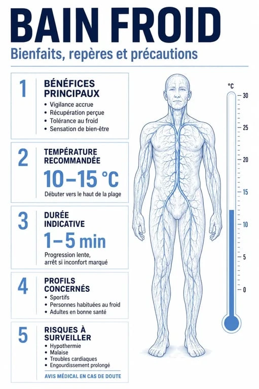 Infographie sur les bain froid bienfaits : récupération, température, durée et risques