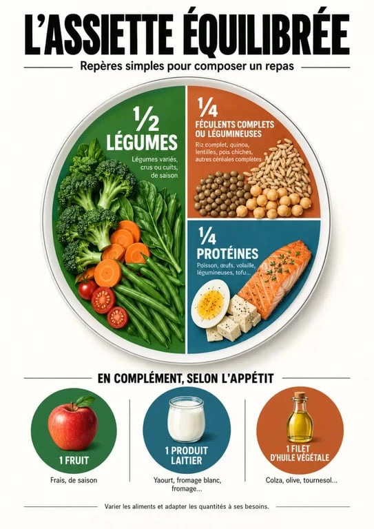 Conseil nutrition : schéma d’une assiette équilibrée avec légumes, féculents, légumineuses et protéines