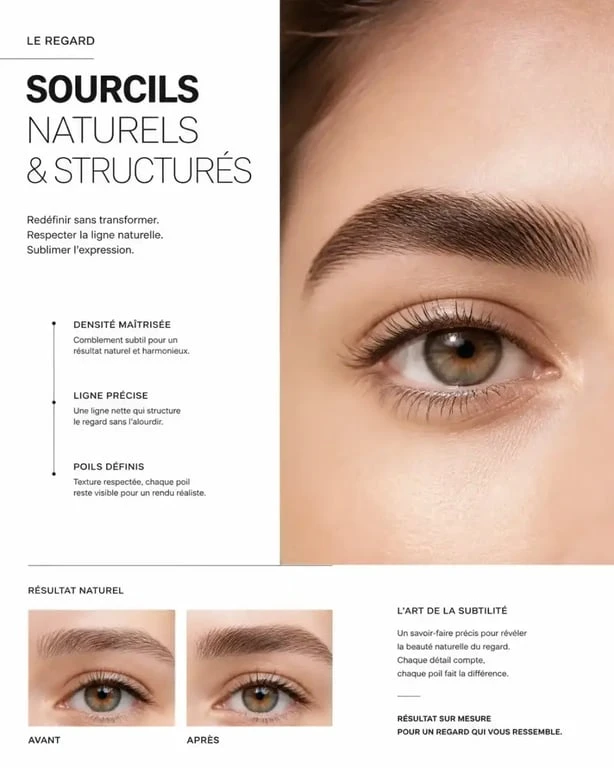 Maquillage sourcils naturel avec texture poil à poil et regard structuré