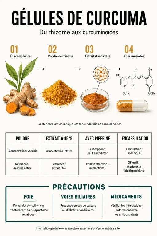 Infographie sur les gélules de curcuma, les curcuminoïdes, la pipérine et les précautions d’usage