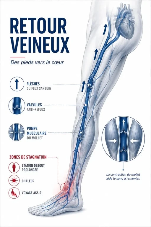Complément alimentaire jambes lourdes : visuel explicatif du retour veineux, des causes de lourdeur et des gestes de soulagement