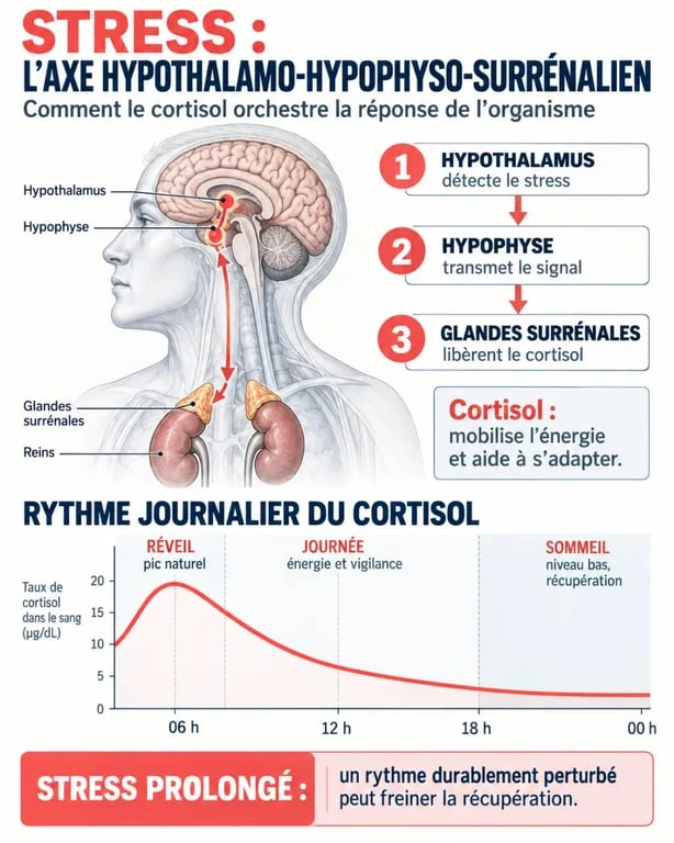 Schéma scientifique du cortisol et du complément alimentaire pour baisser le cortisol