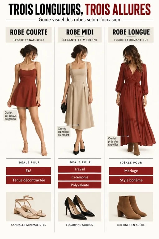 Guide visuel des longueurs pour choisir une robe pa cher pour femme : courte, midi ou longue