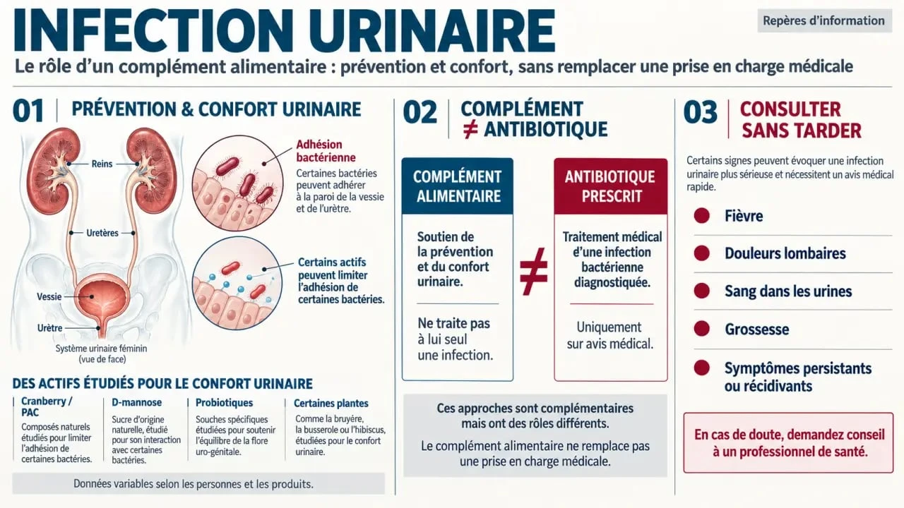 Infographie sur le complément alimentaire infection urinaire, les actifs de prévention et les signes nécessitant une consultation