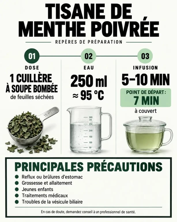Infographie sur la préparation et les précautions de la menthe poivrée tisane