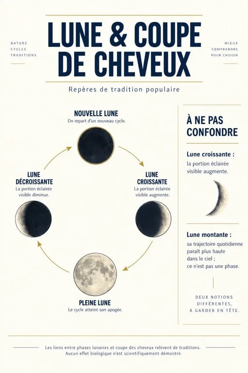Infographie de la lune pour coupe cheveux présentant les quatre phases lunaires et la différence entre lune croissante et lune montante