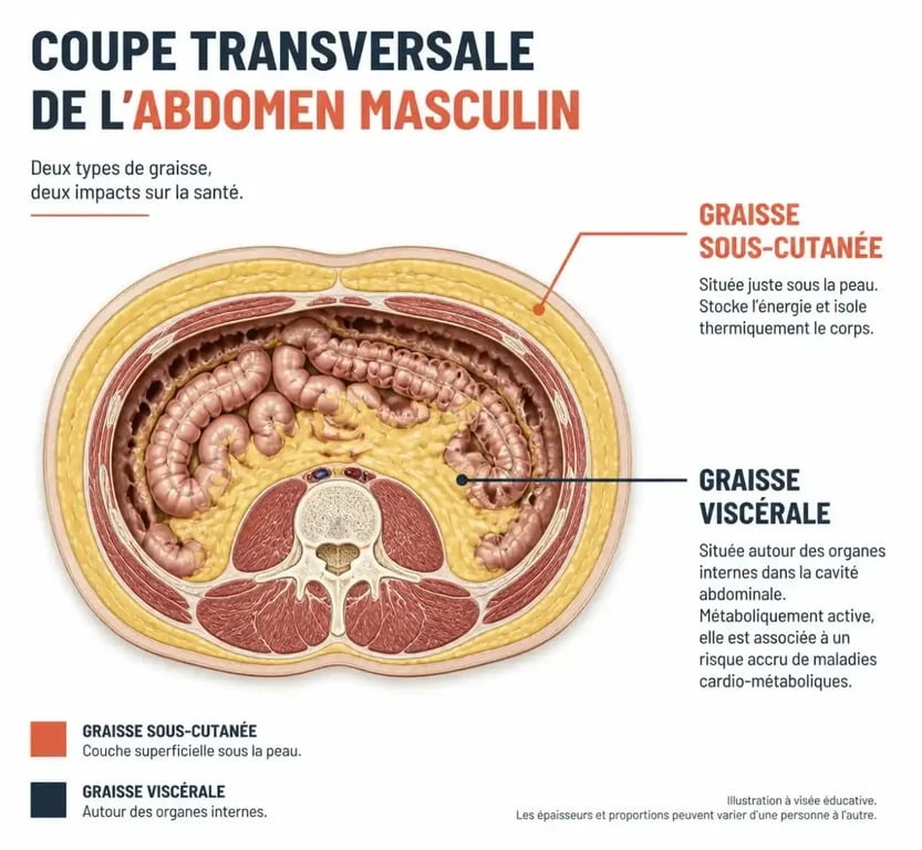 Schéma comparant graisse sous-cutanée et graisse viscérale chez l'homme gros ventre