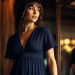 Robe pour cacher le ventre : taille empire fluide bleu marine, décolleté V