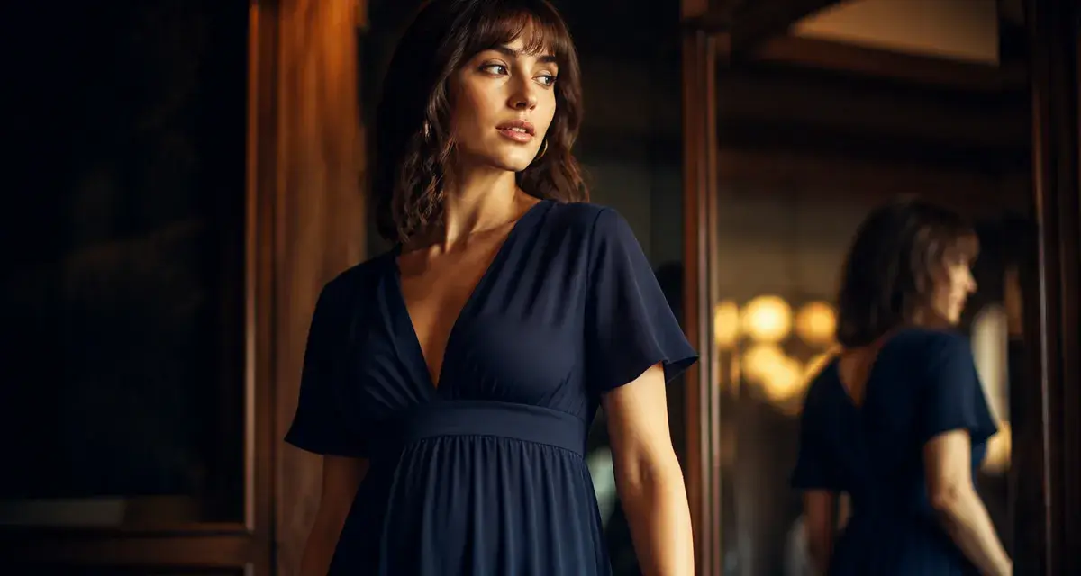 Robe pour cacher le ventre : taille empire fluide bleu marine, décolleté V