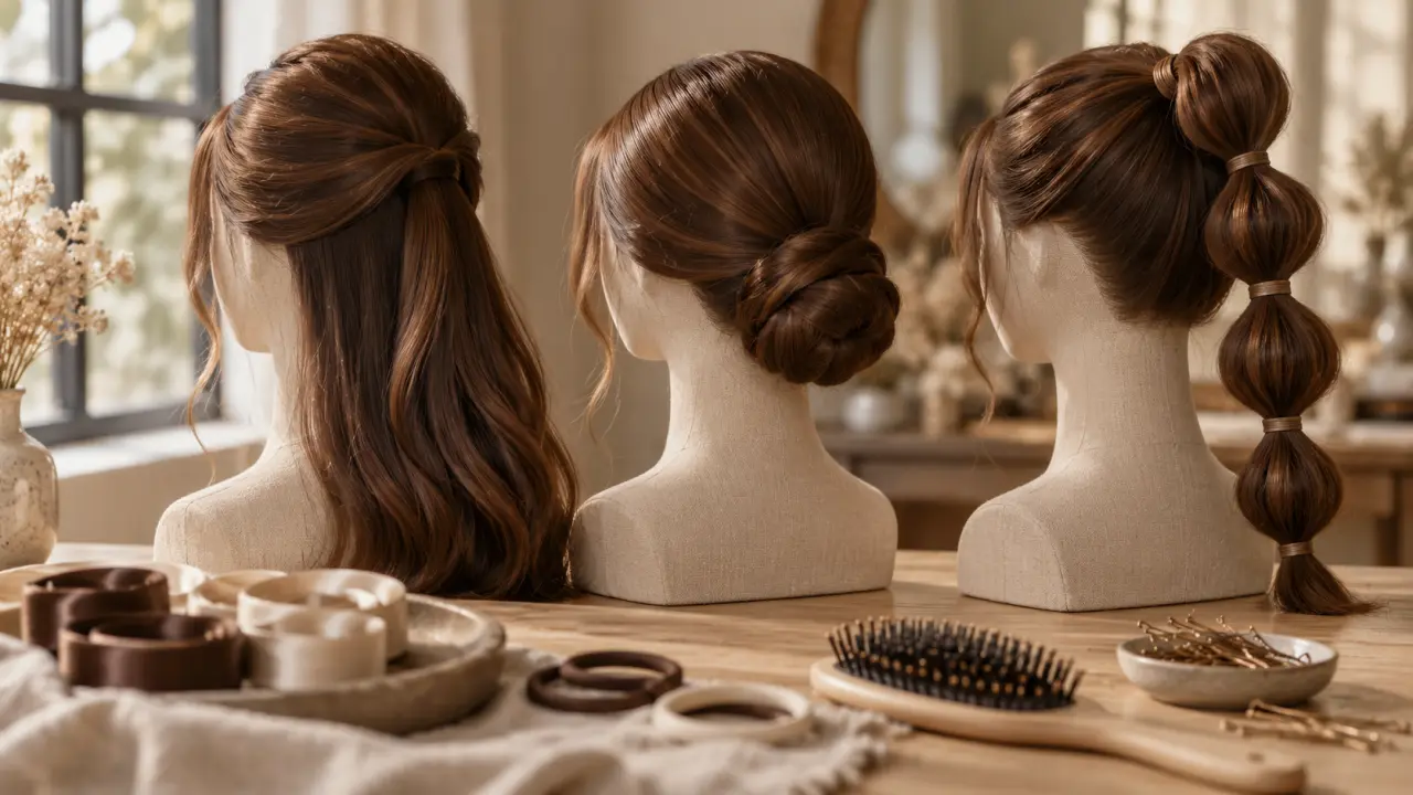 Coiffures cheveux lisses : demi-queue bombée, chignon bas, queue à bulles
