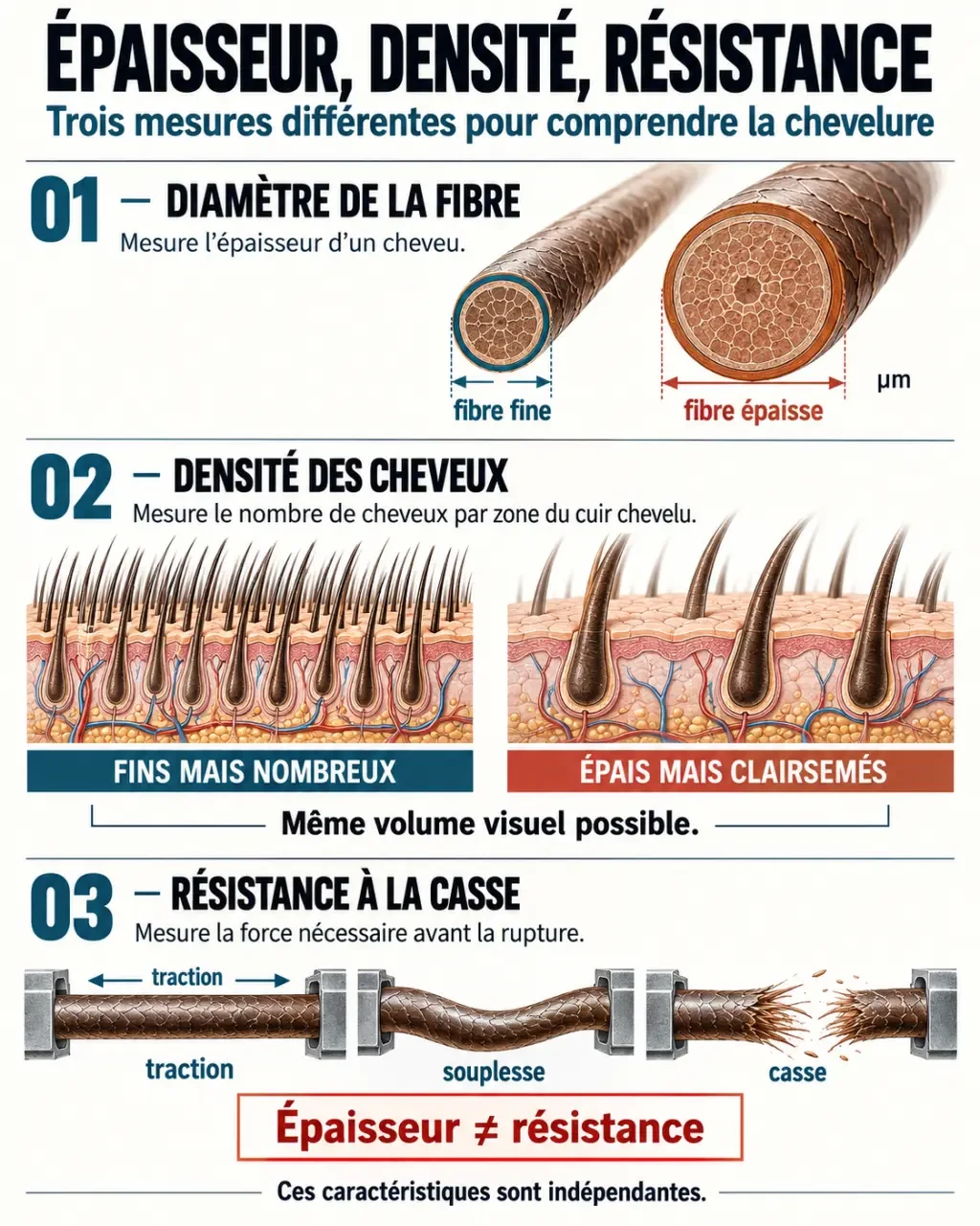 Infographie pour comprendre comment épaissir les cheveux en distinguant diamètre, densité et résistance à la casse