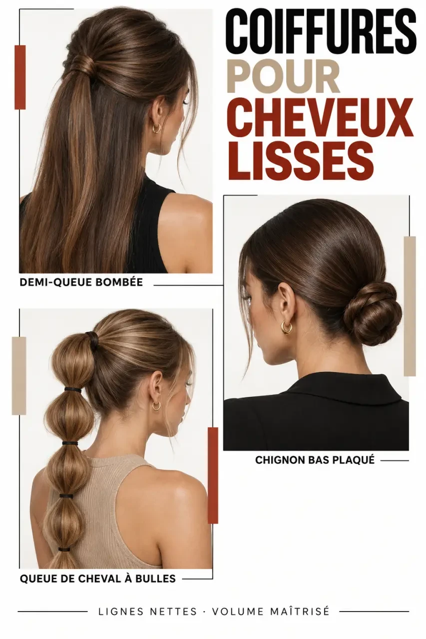 Trois coiffures cheveux lisses : demi-queue bombée, chignon bas et queue de cheval à bulles