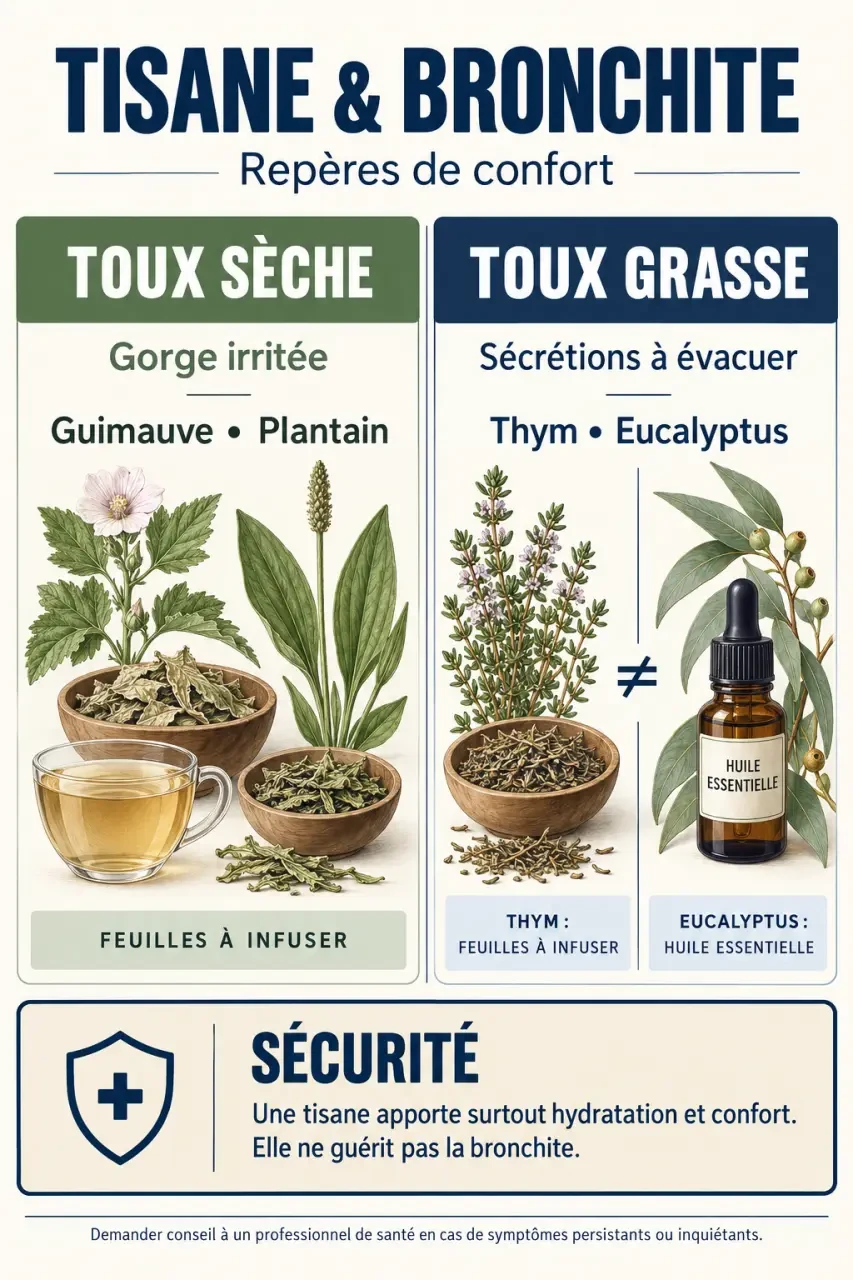 Infographie sur la tisane bronchite, les plantes traditionnellement utilisées et les précautions selon le type de toux
