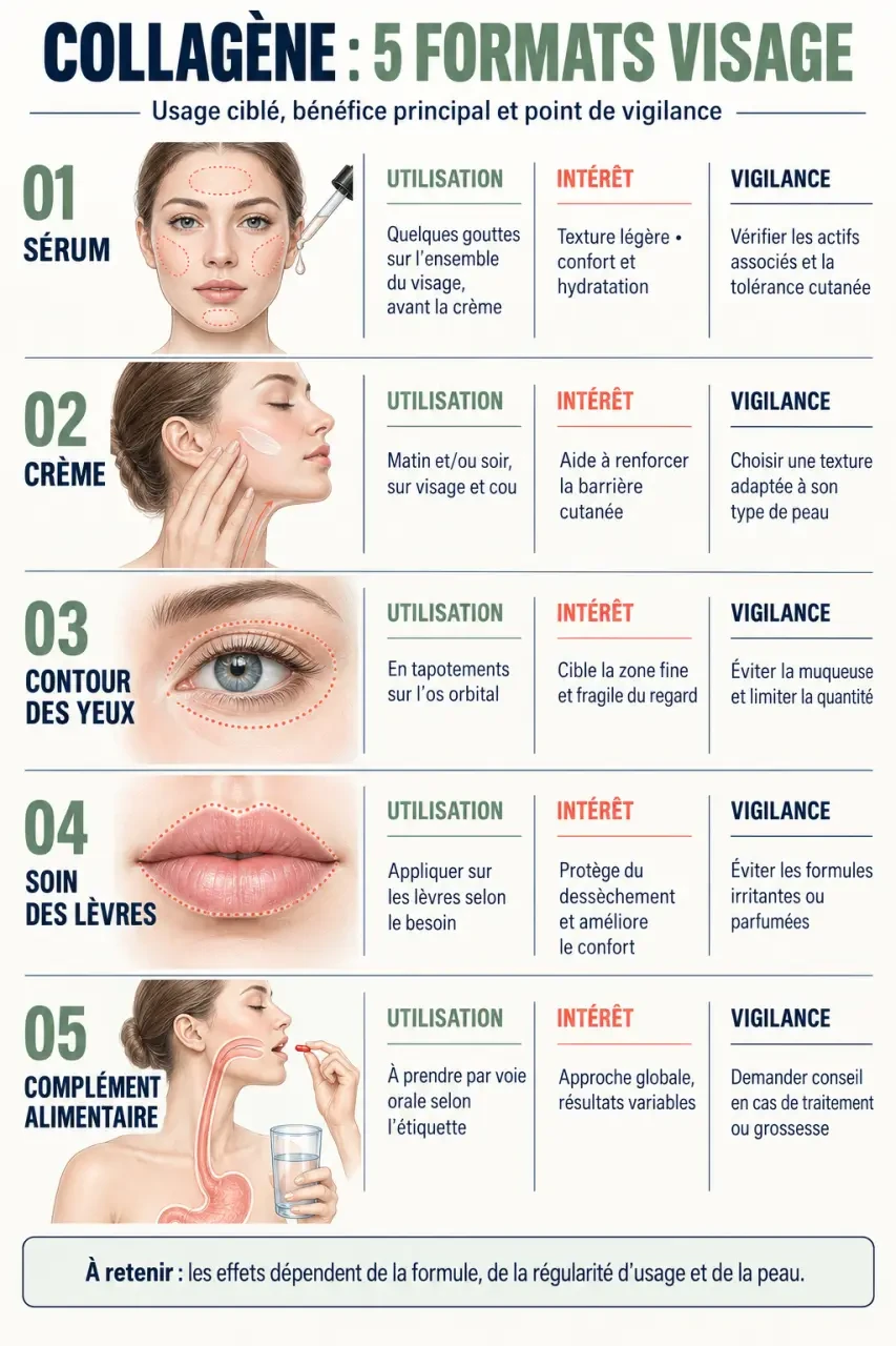 Soin au collagène visage : formats sérum, crème, contour des yeux, lèvres et complément alimentaire