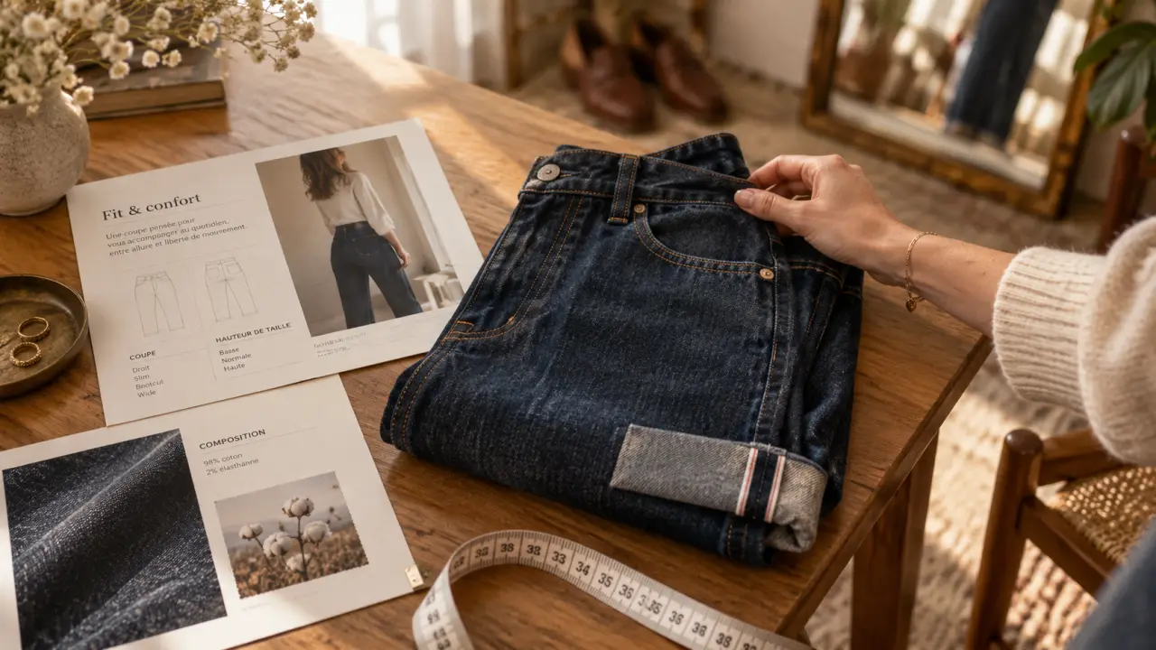 Marque de jeans femme : jean bleu brut, fit et matière, sur table avec fiches produit