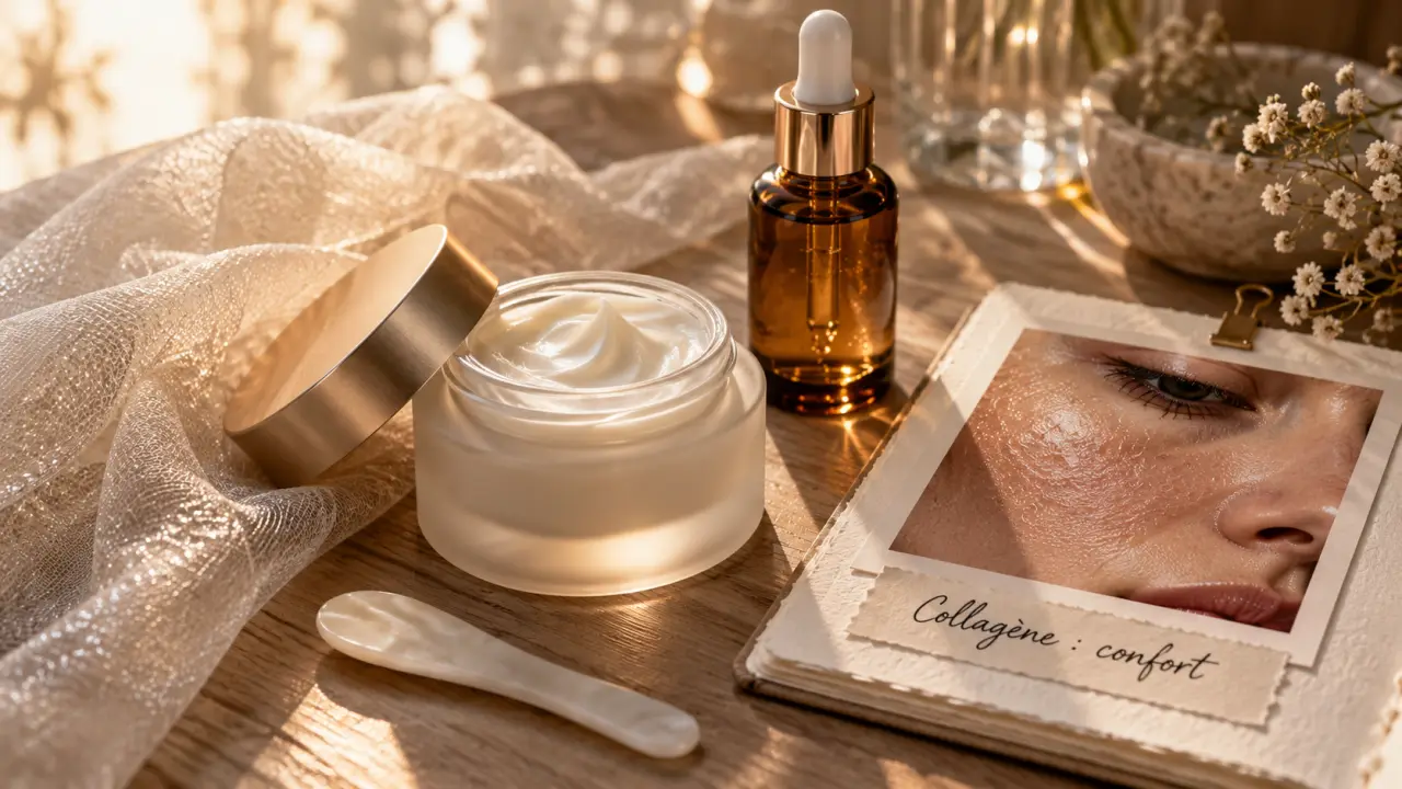 Soin au collagene visage : crème au collagène et sérum sur table bois