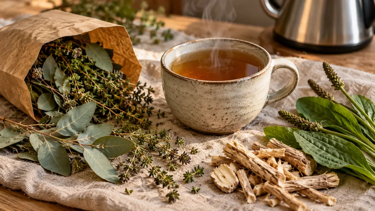 Tisane bronchite aux plantes (eucalyptus, thym, guimauve, plantain)